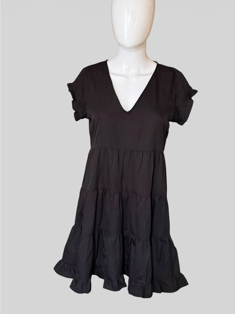 Black V-Neck Tiered Ruffle Mini Dress